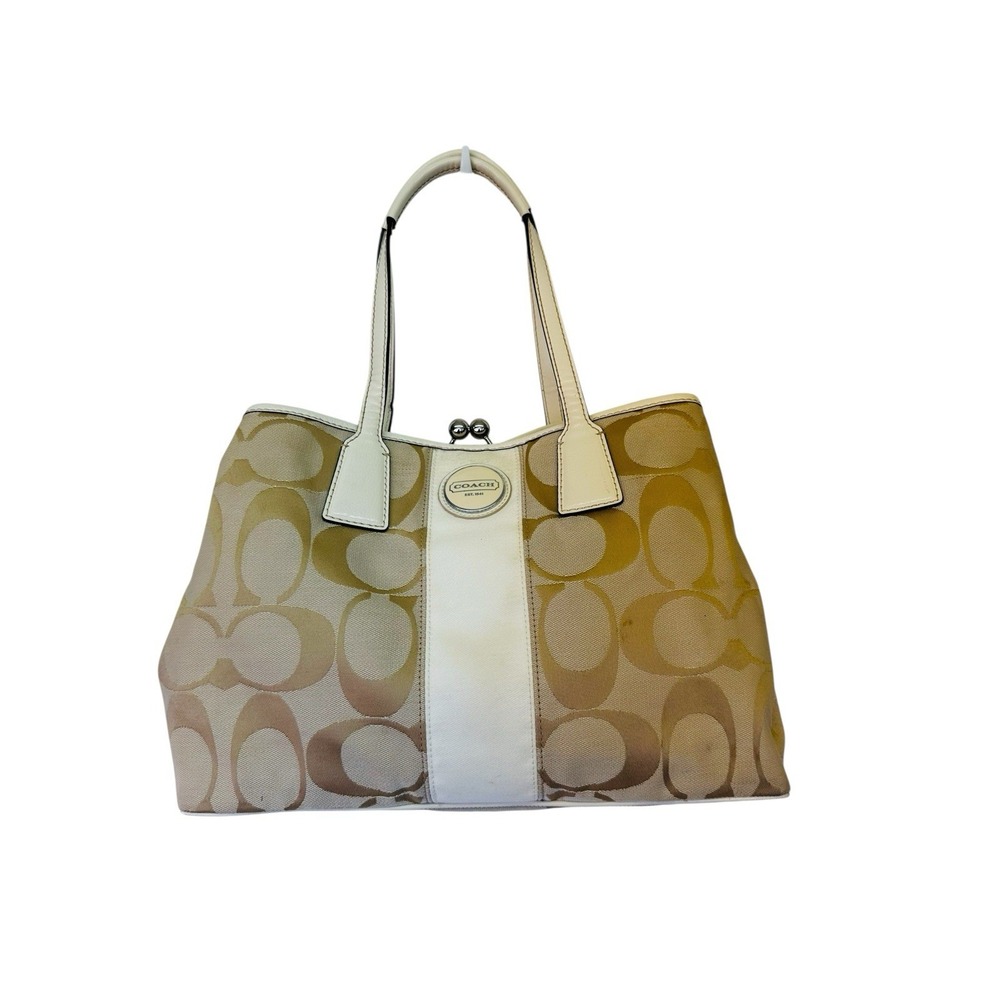 Coach Beige Signature Canvas‎ and Patent Leather Kisslock Framed Carryall Tote